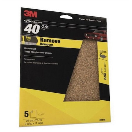 3M 3M Sandpaper, 32118, 40 Grit, 9 in x 11 in, 5PK 7010364782